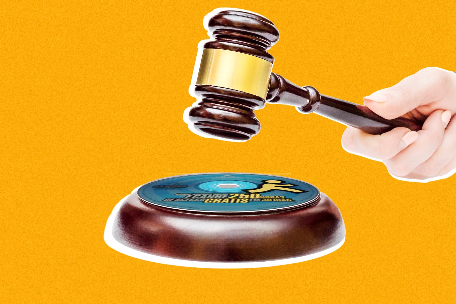 A hand holds a gavel just above a base that includes an AOL CD-ROM.
