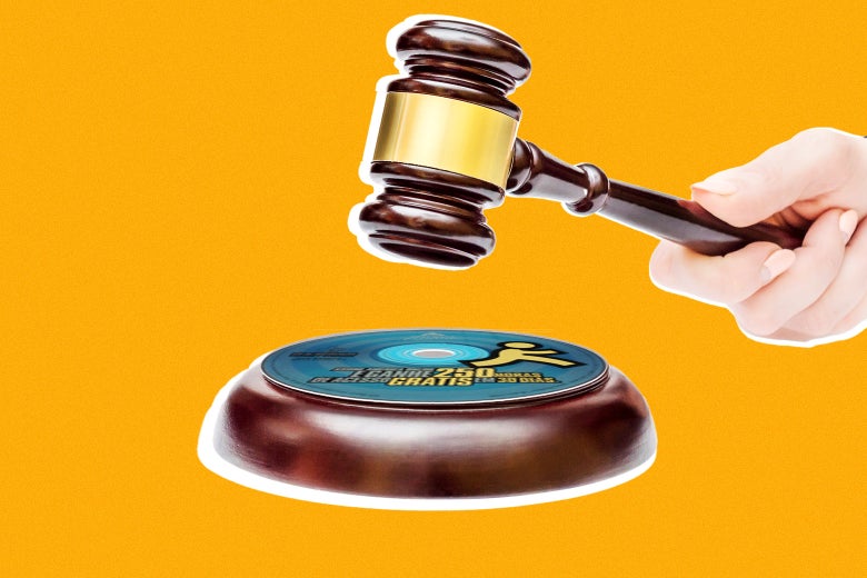 A hand holds a gavel just above a base that includes an AOL CD-ROM.