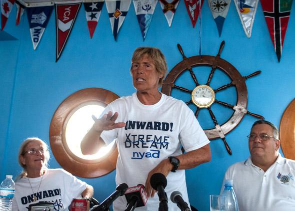 US swimmer Diana Nyad gestures during a press conference held at the Ernest Hemingway Nautical Club in Havana on August 30, 2013. 