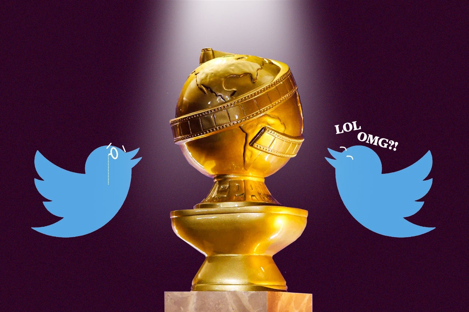 Two Twitter birds, one with a monocle and the other saying LOL and OMG, surrounding a Golden Globe trophy.