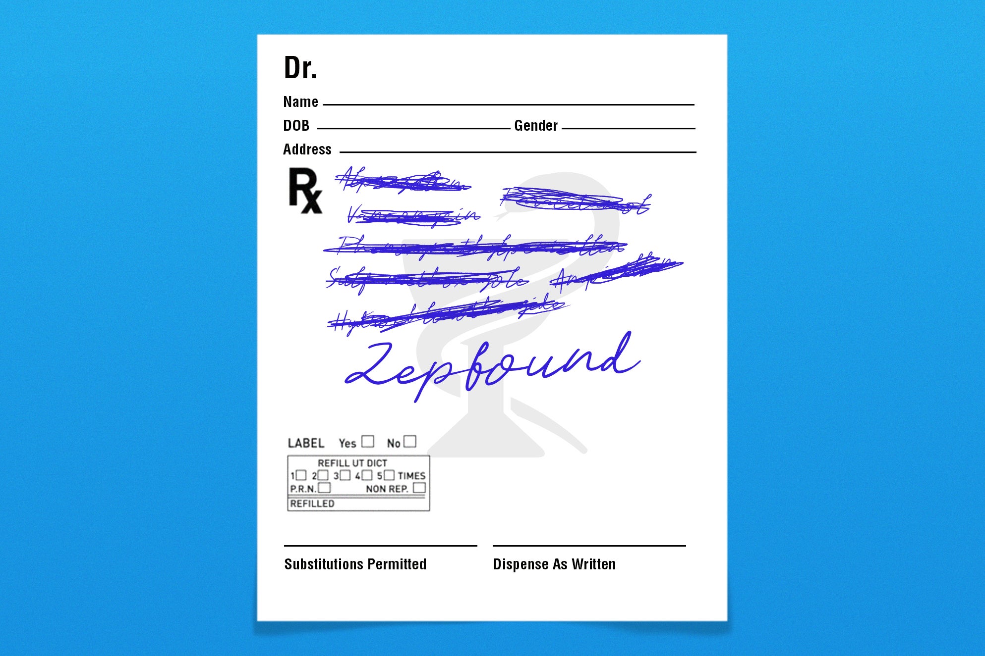 A prescription slip with names scratched out, except for Zepbound.