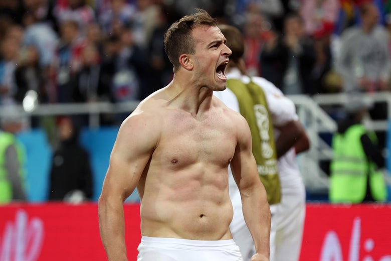 KALININGRAD, RUSSIA - JUNE 22:  Xherdan Shaqiri of Switzerland celebrates after scoring his team's second goal during the 2018 FIFA World Cup Russia group E match between Serbia and Switzerland at Kaliningrad Stadium on June 22, 2018 in Kaliningrad, Russia.  (Photo by Clive Rose/Getty Images)