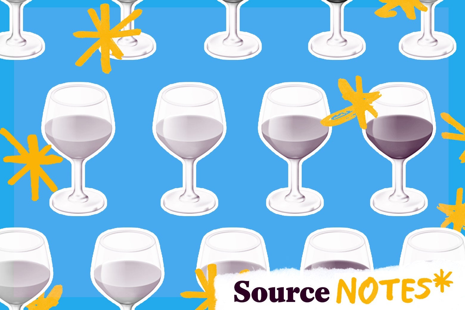 Photo illustration of a wine glass gradient emoji with the Source Notes logo.
