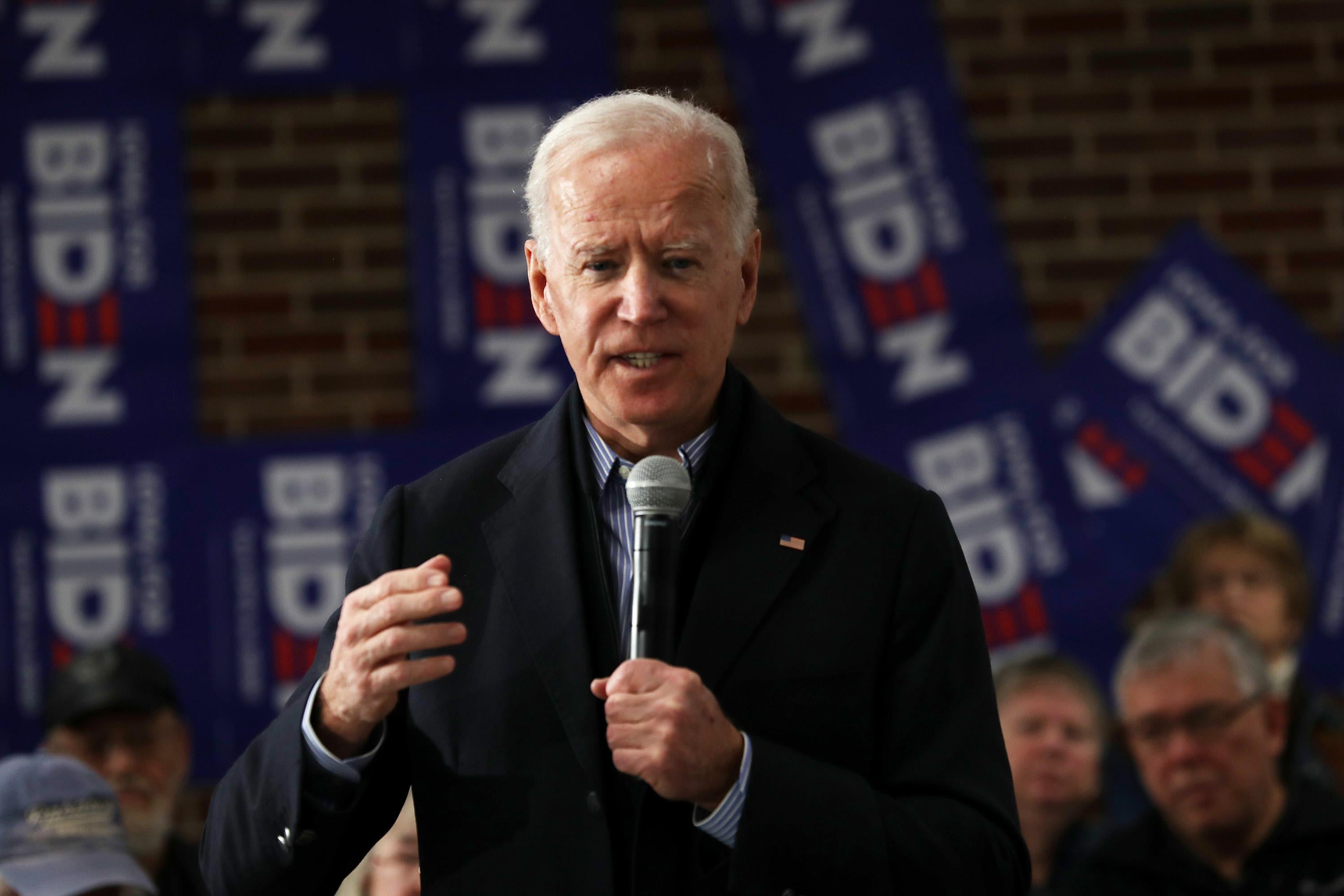 Joe Biden speaks during a campaign stop at Tipton High School on Saturday in Tipton, Iowa. 