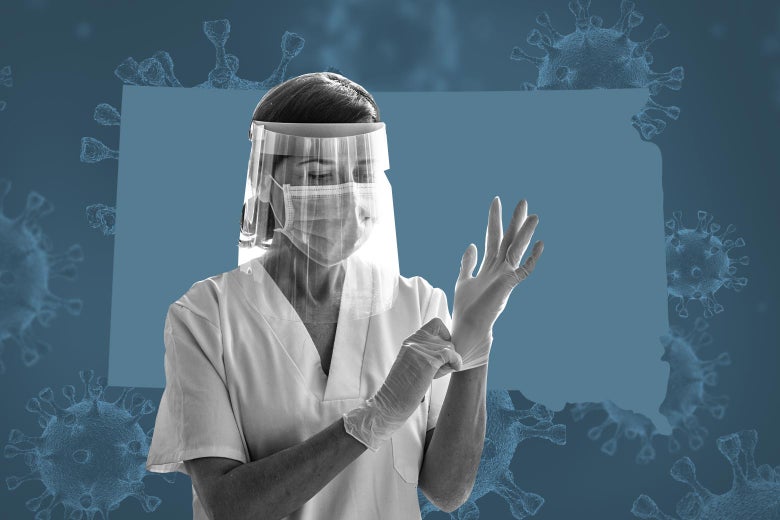 A nurse in scrubs wearing a face shield and mask tugs on her gloves, on a background of coronavirus particles