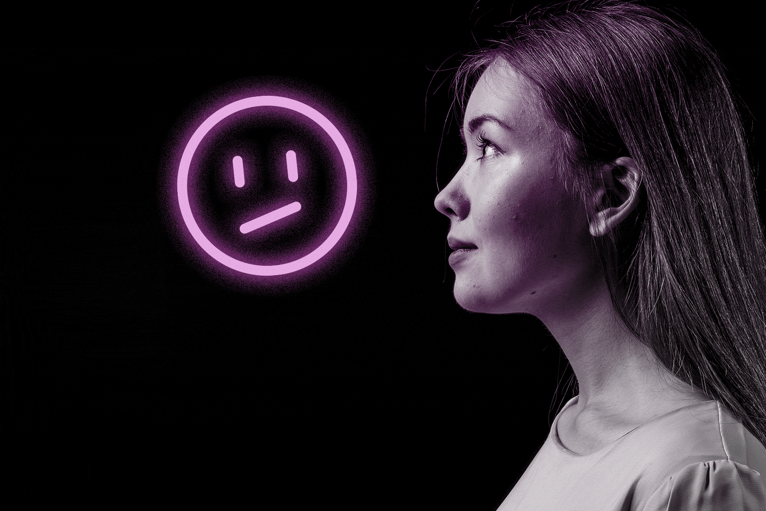 A woman next to a worried face emoji.