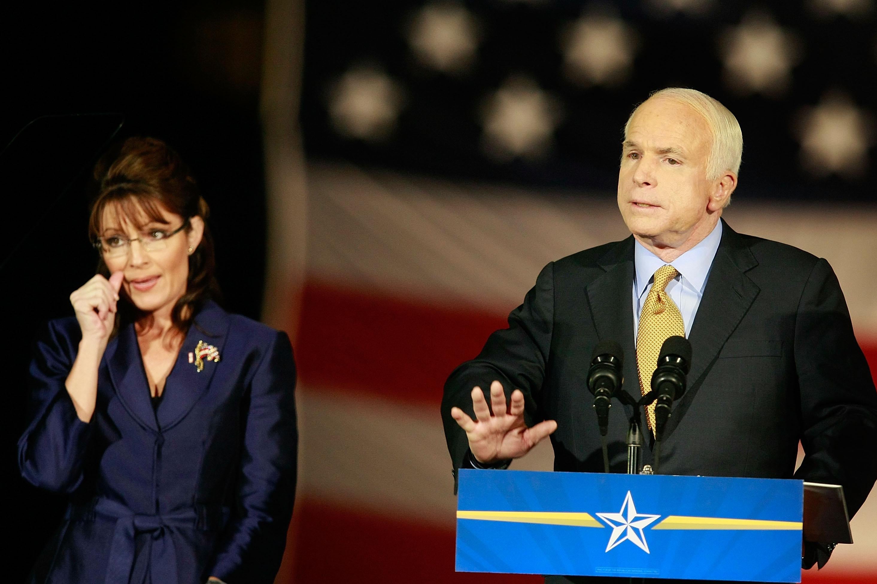 John McCain conceding victory beside running mate Sarah Palin in the U.S. presidential election on Nov. 4, 2008.