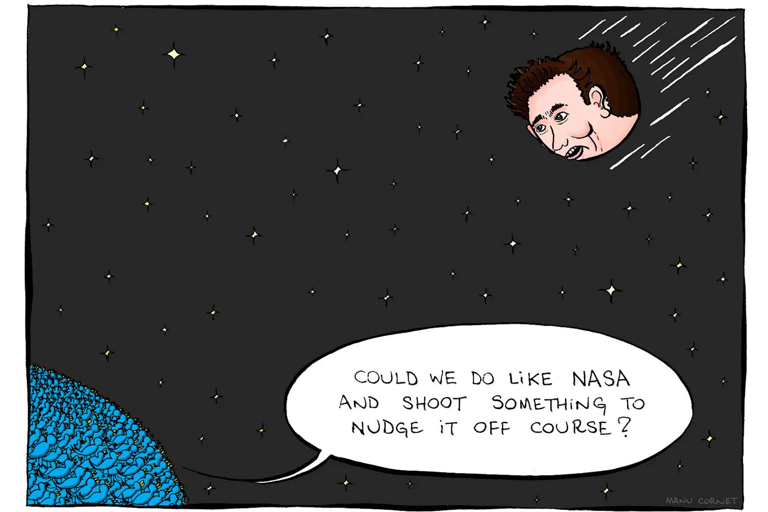 A Musk-shaped asteroid hurtles toward Planet Twitter.