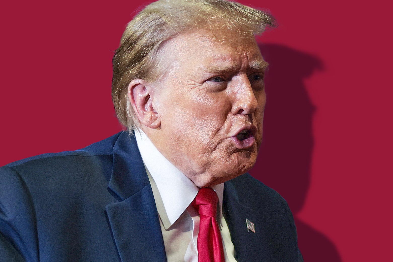 Donald Trump against a solid red background, casting a dark shadow.