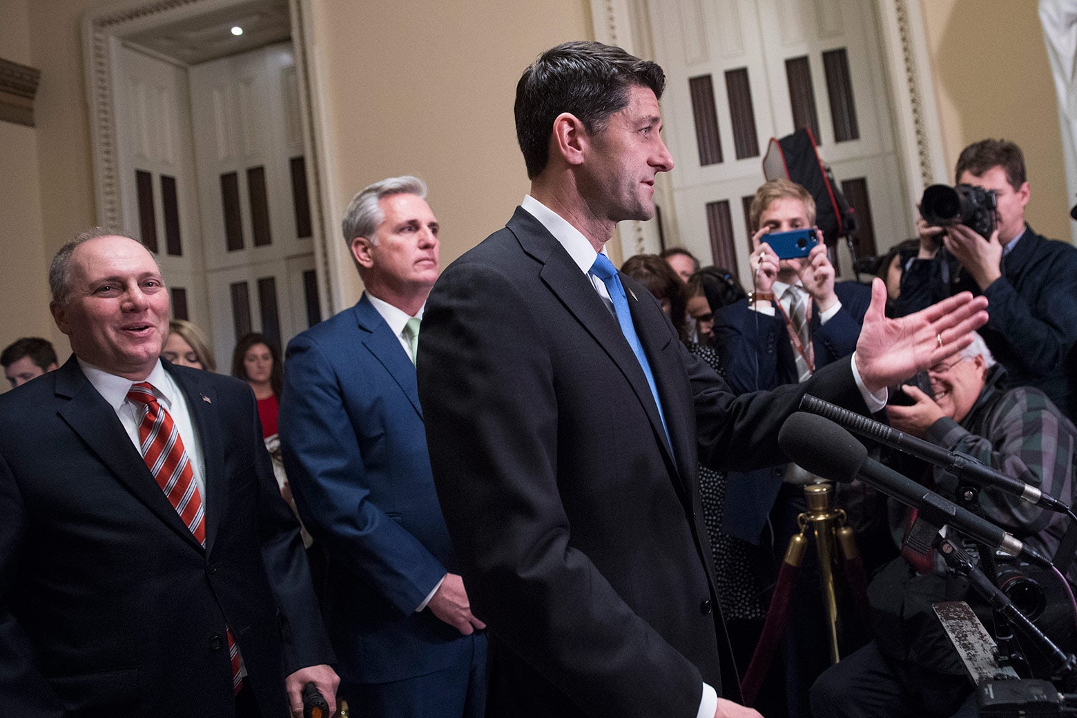 Speaker Paul Ryan, R-Wis., conducts a news conference in the Capitol after the House passed the Republican tax plan on December 19, 2017. House Majority Whip Steve Scalise, R-La., left, and House Majority Leader Kevin McCarthy, R-Calif., also appear.
