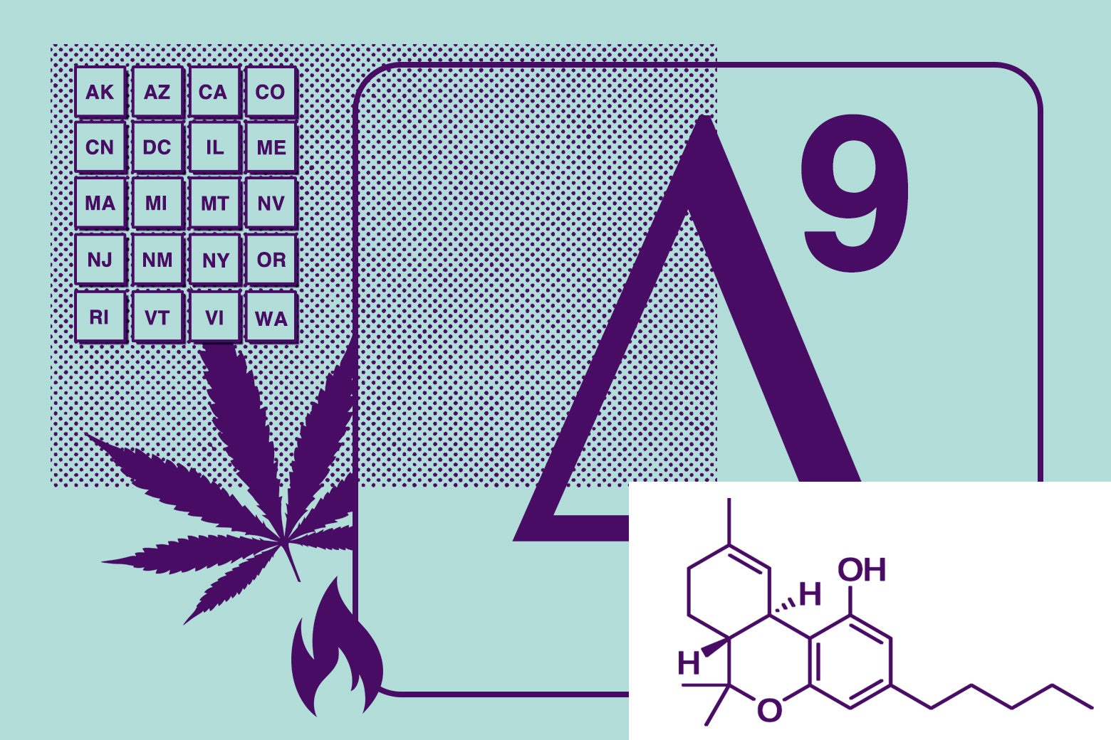 The delta-9 leaf symbol is seen along with its chemical structure, a flame, a pot leaf, and a list of state initials.