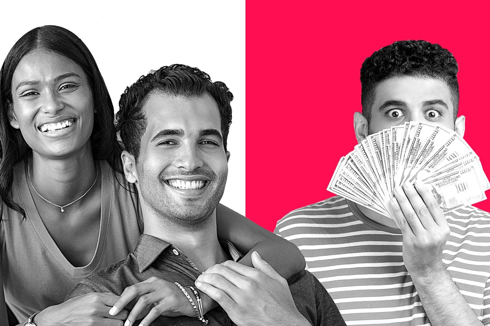 A man holds cash in front of his face next to a smiling straight couple.  