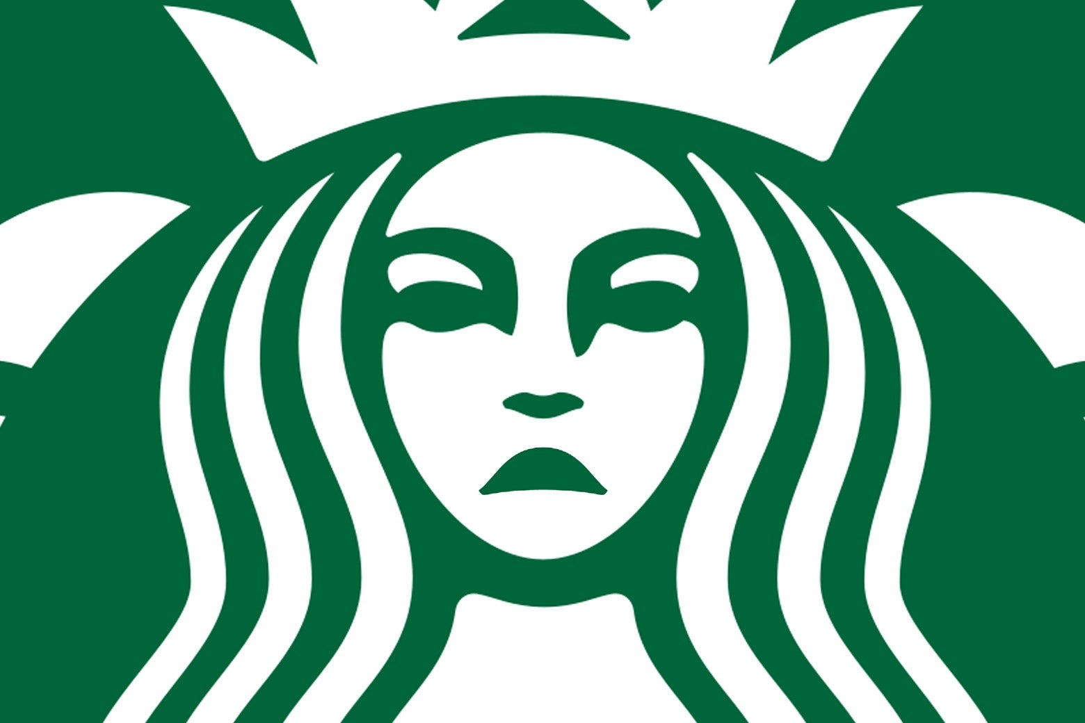 The Starbucks logo mermaid edited to have a frowning face.