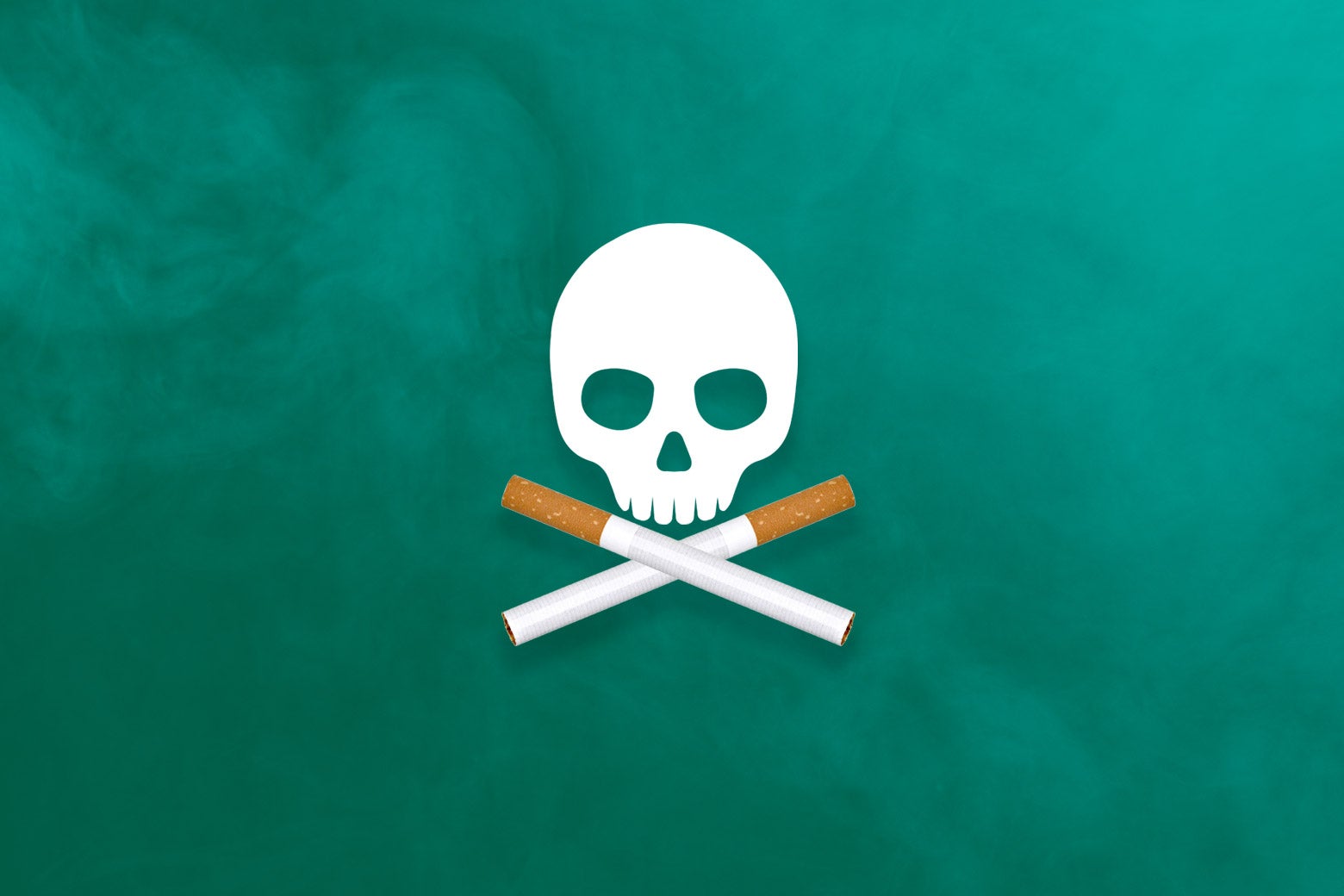 A skull and crossbones, with two cigarettes for the crossbones, against a green smoke-filled background.