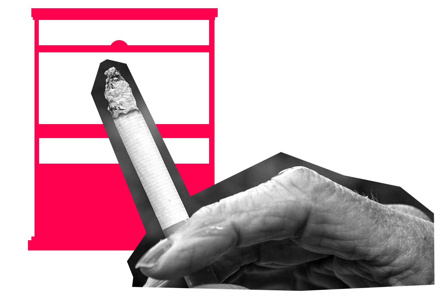 Photo of a hand holding a cigarette overlaid on a graphic of an open window