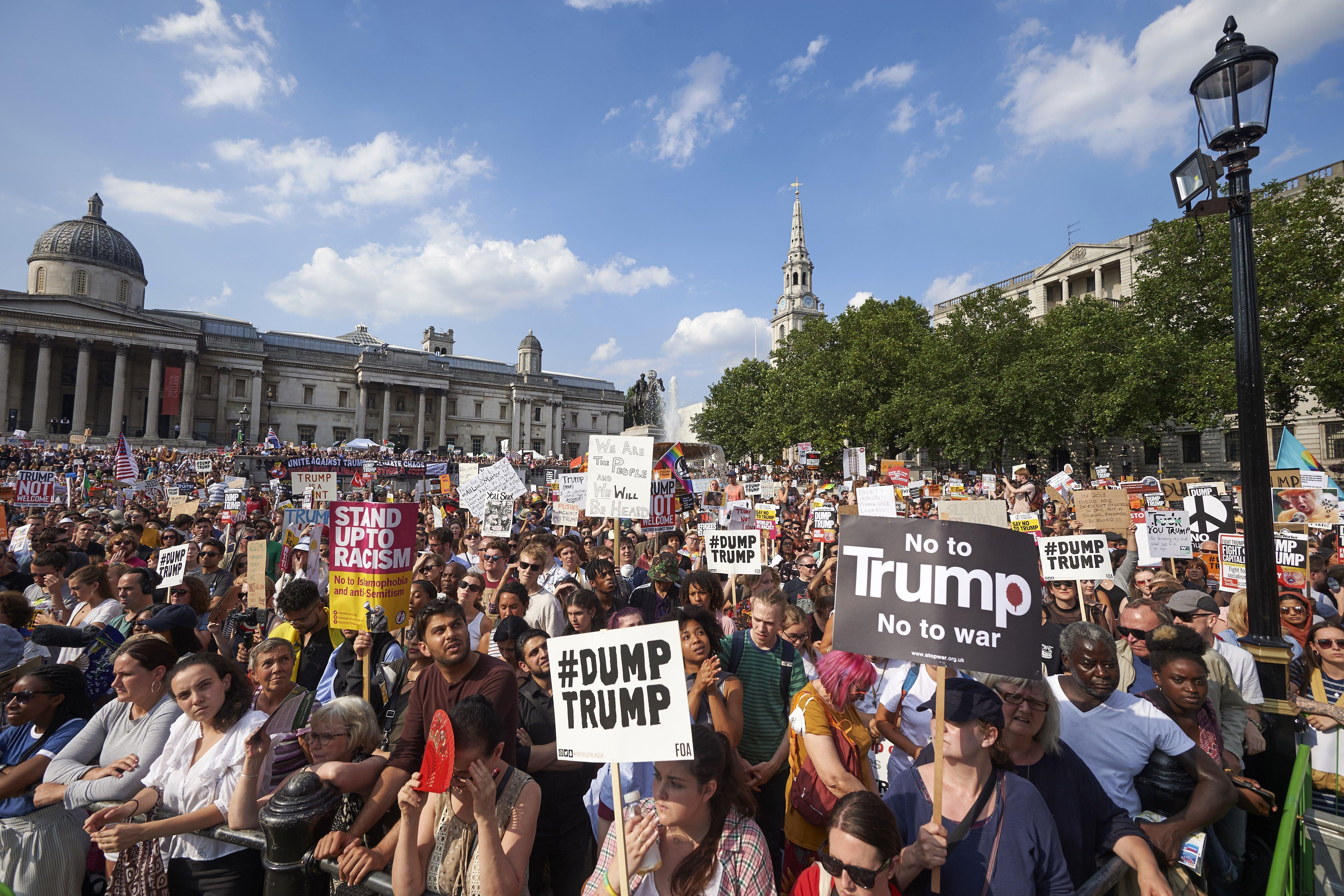 Protesters gather in London's Trafalgar Square.