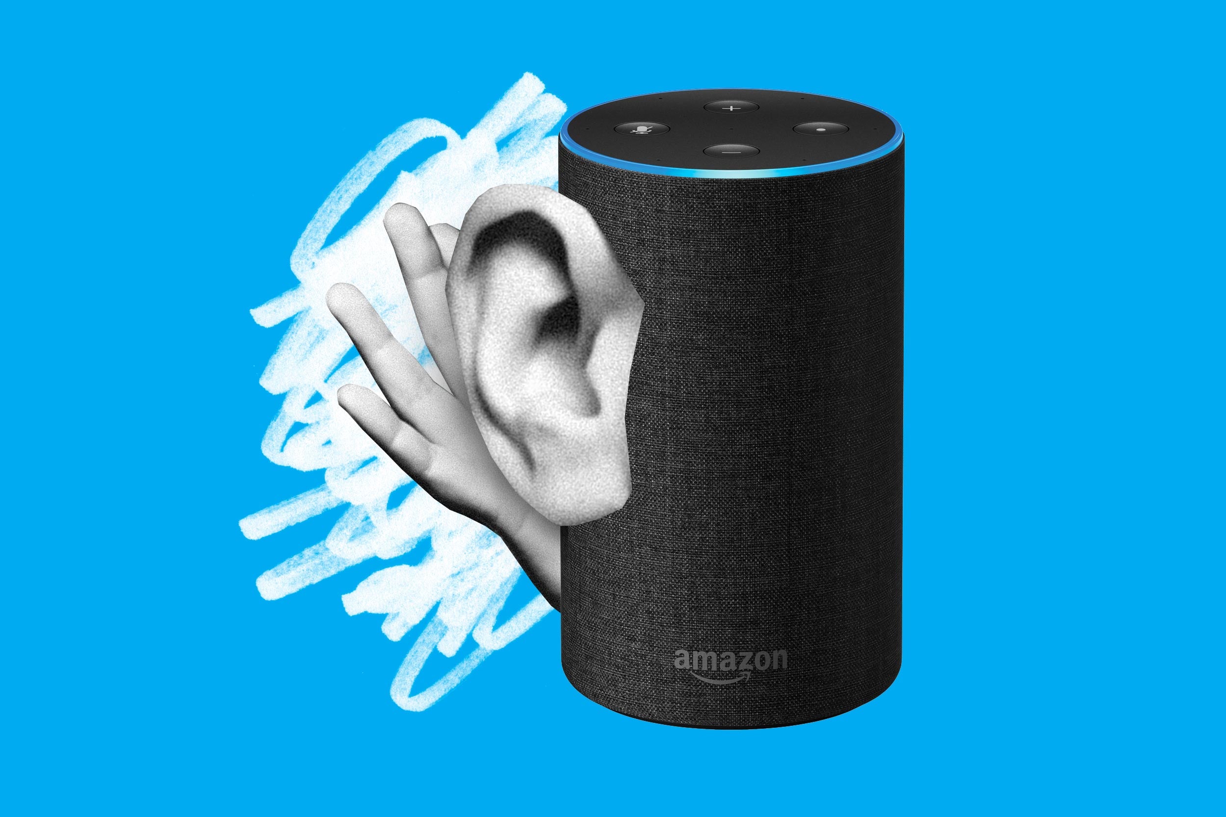 An Amazon Echo with an ear cupped with a hand, eavesdropping.
