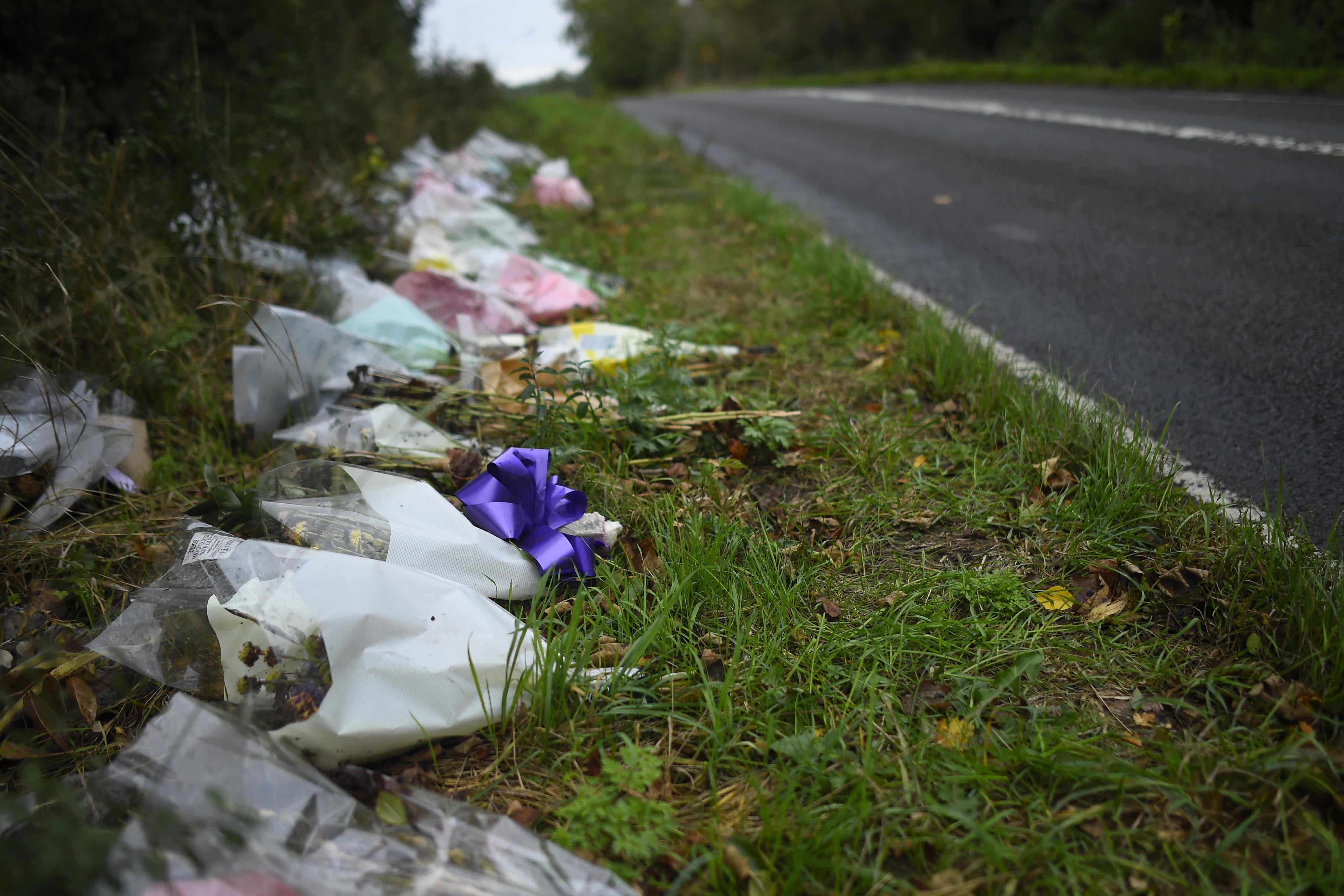 Flowers left roadside in remembrance of Harry Dunn 