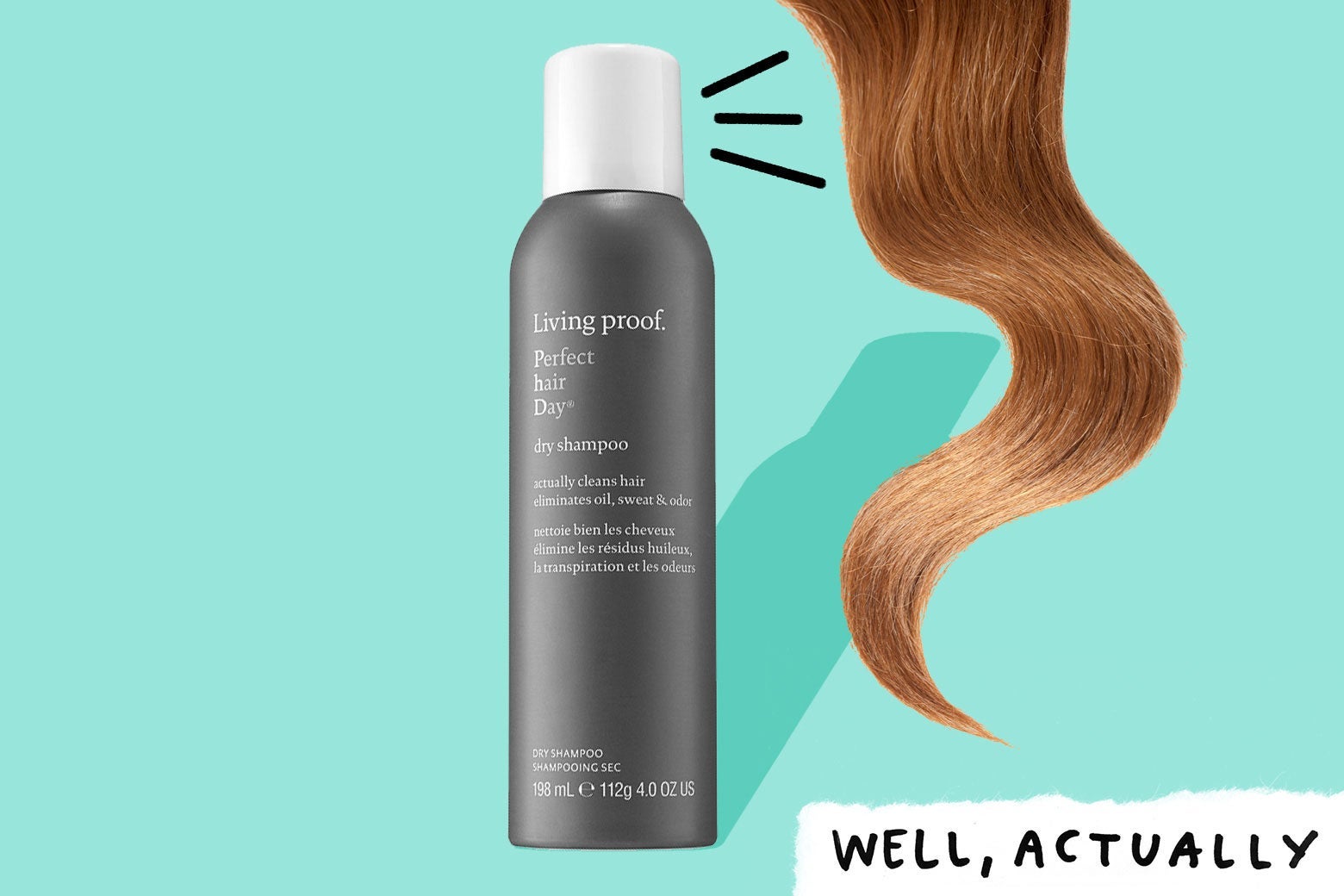 Photo illustration of the shampoo bottle, some long blond hair, and the Well Actually logo