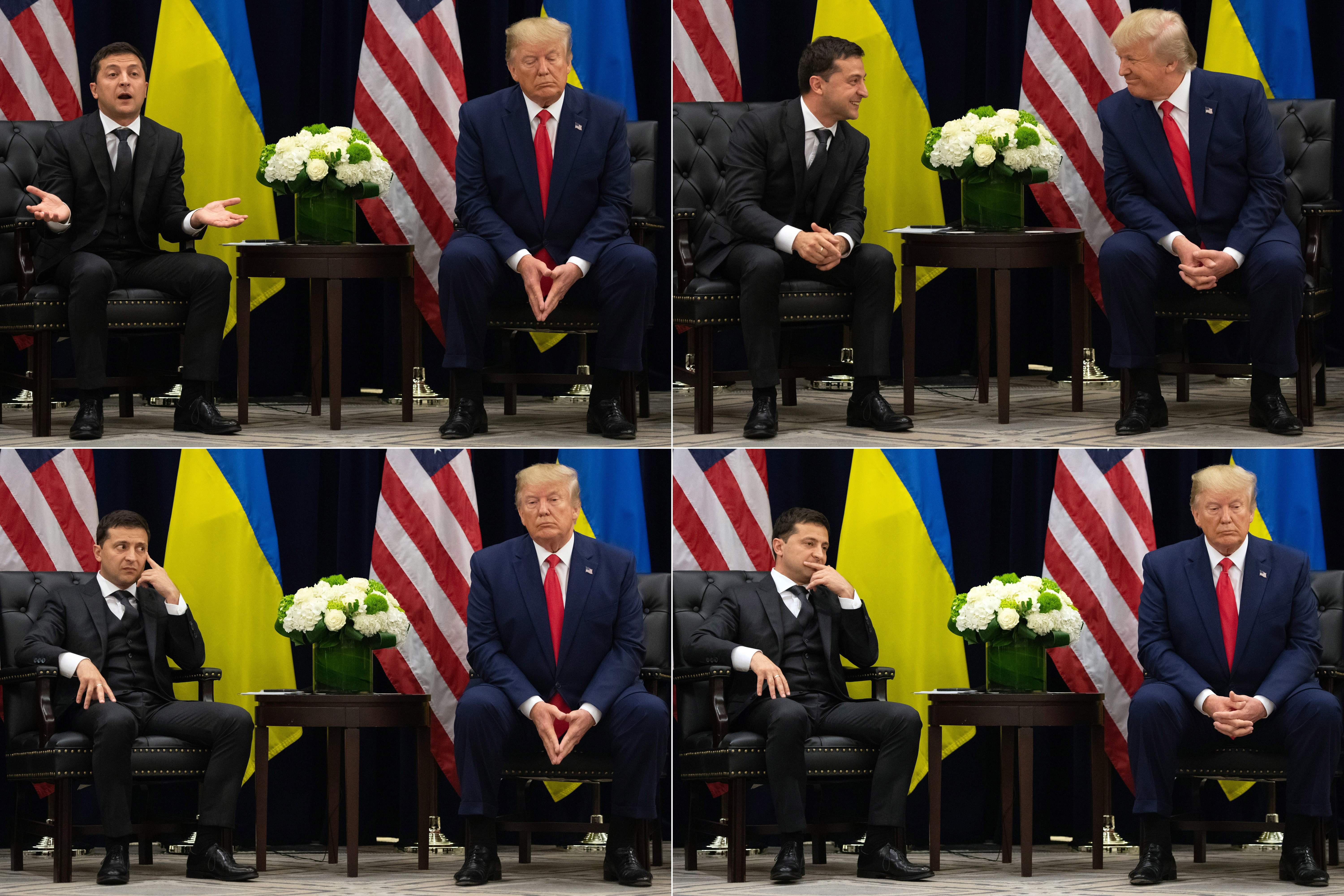 Four photos of Trump and Zelensky sitting next to each other and talking, with their countries' flags behind them.