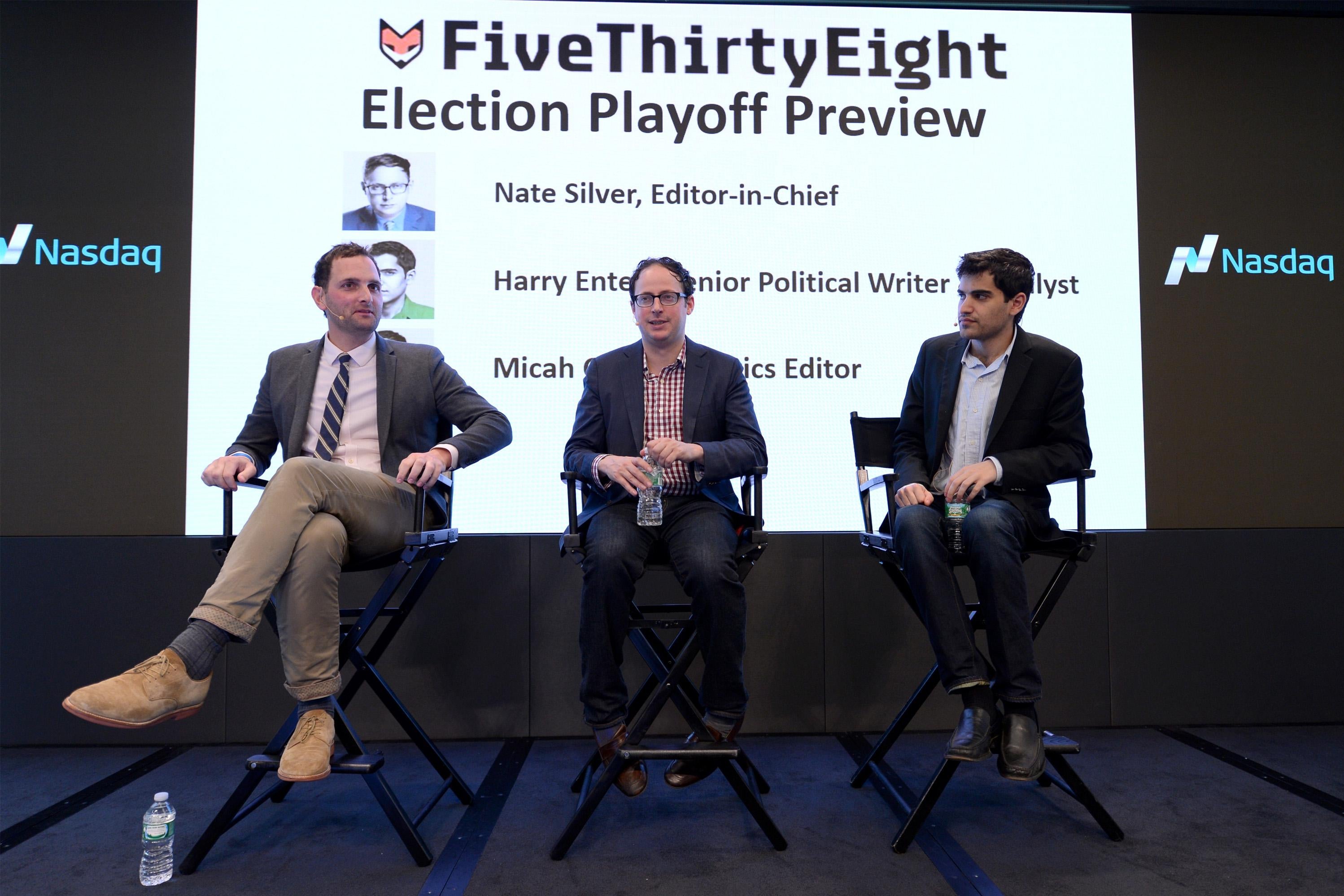 Three white guys sit in chairs in front of a screen that says "FiveThirtyEight Election Playoff Preview"