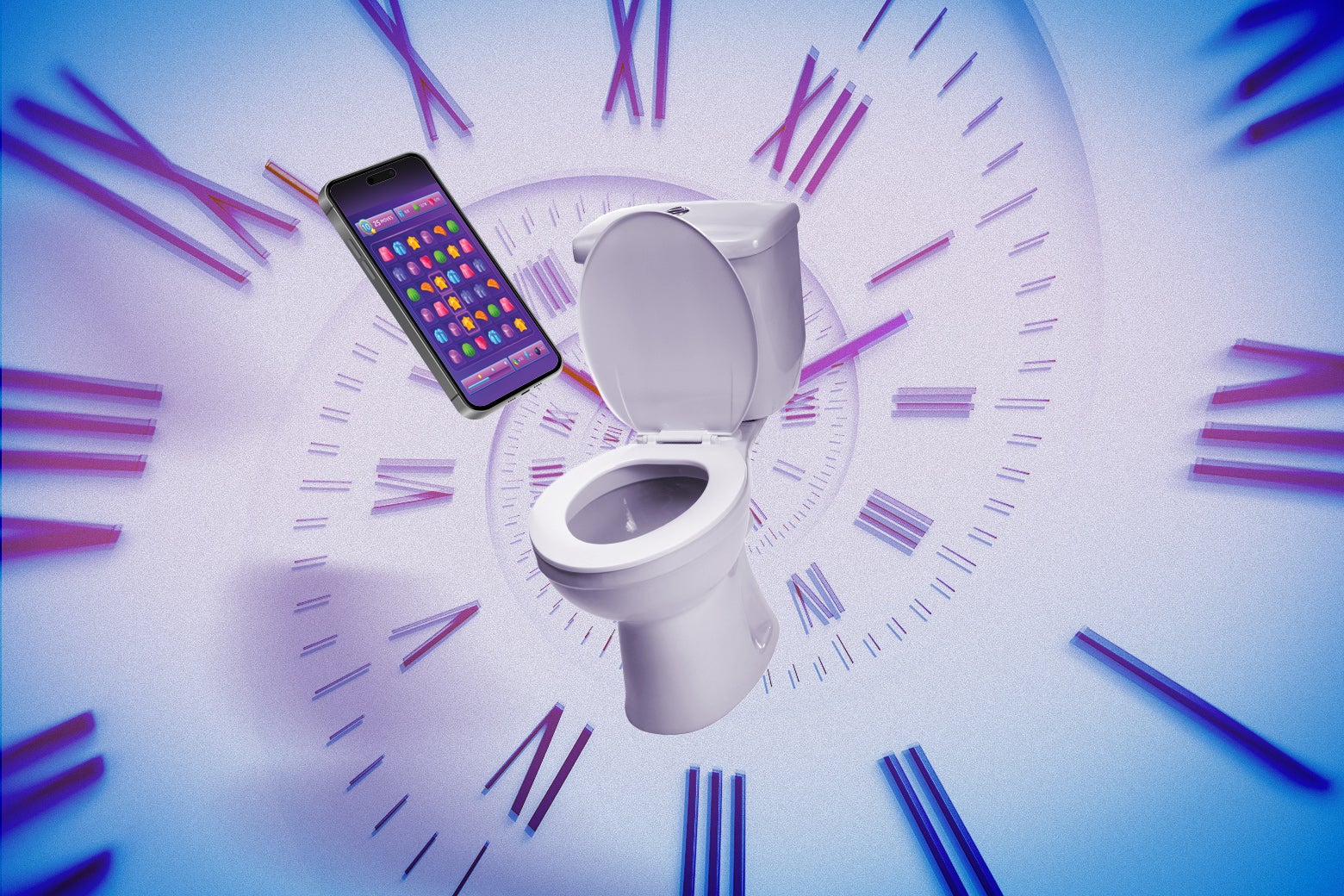 um relógio e um smartphone girando em um vaso sanitário aberto