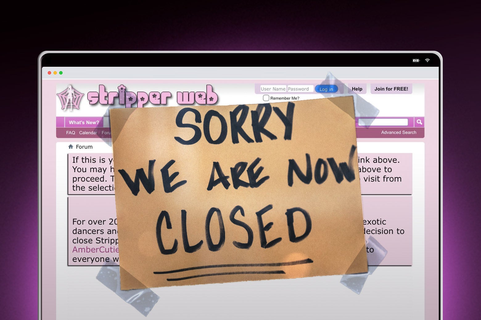 A closed sign is placed over the Stripperweb homepage. 
