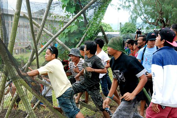 Crowd breaking through fence in prior to destroying field of golden rice, Phillipines.