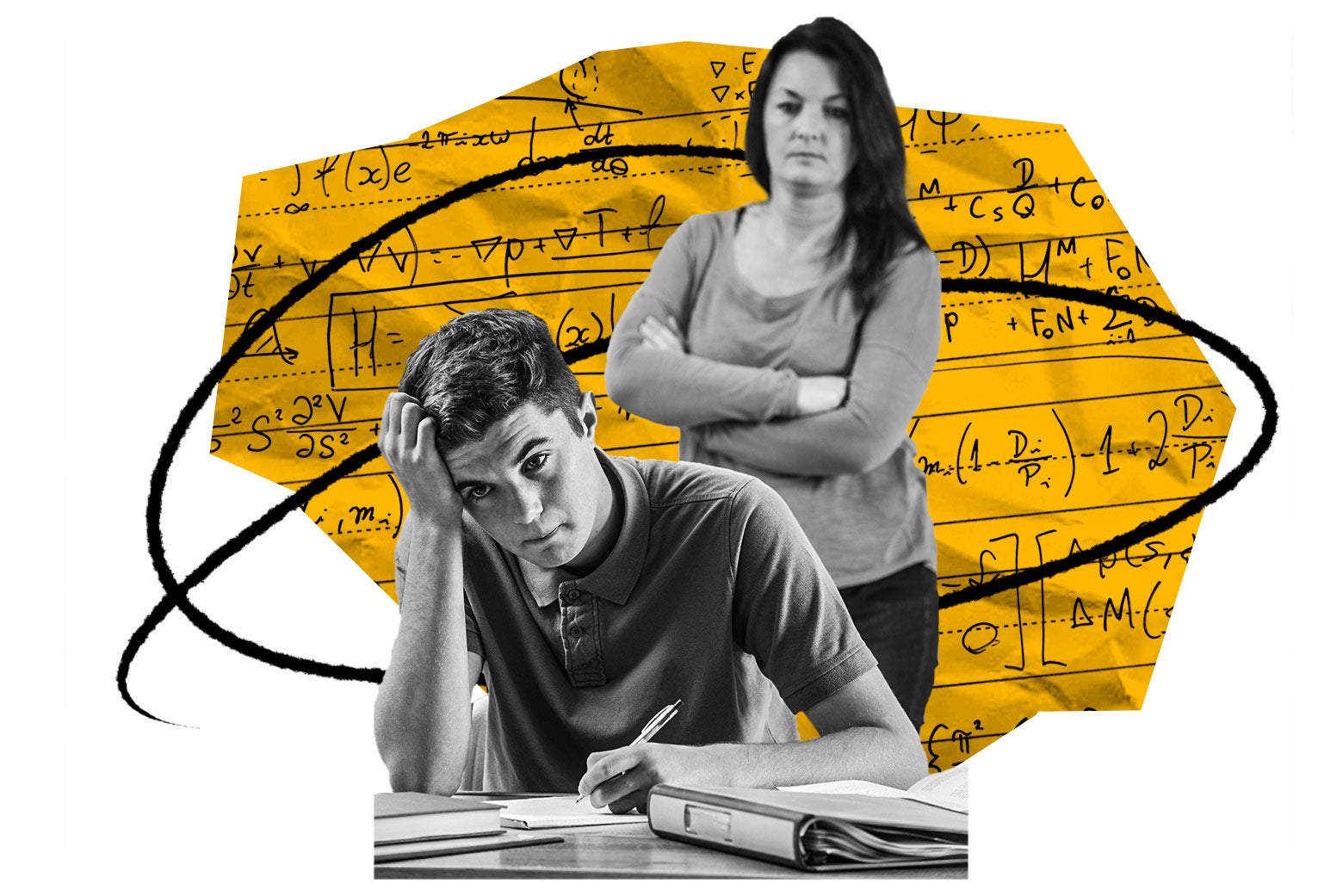 A parent hovers behind a high schooler doing his homework.