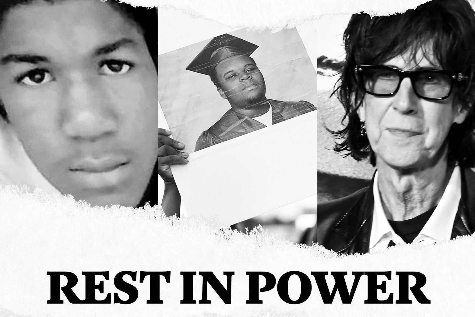 Trayvon Martin, Michael Brown, Ric Ocasek and text that says, "Rest in Power."