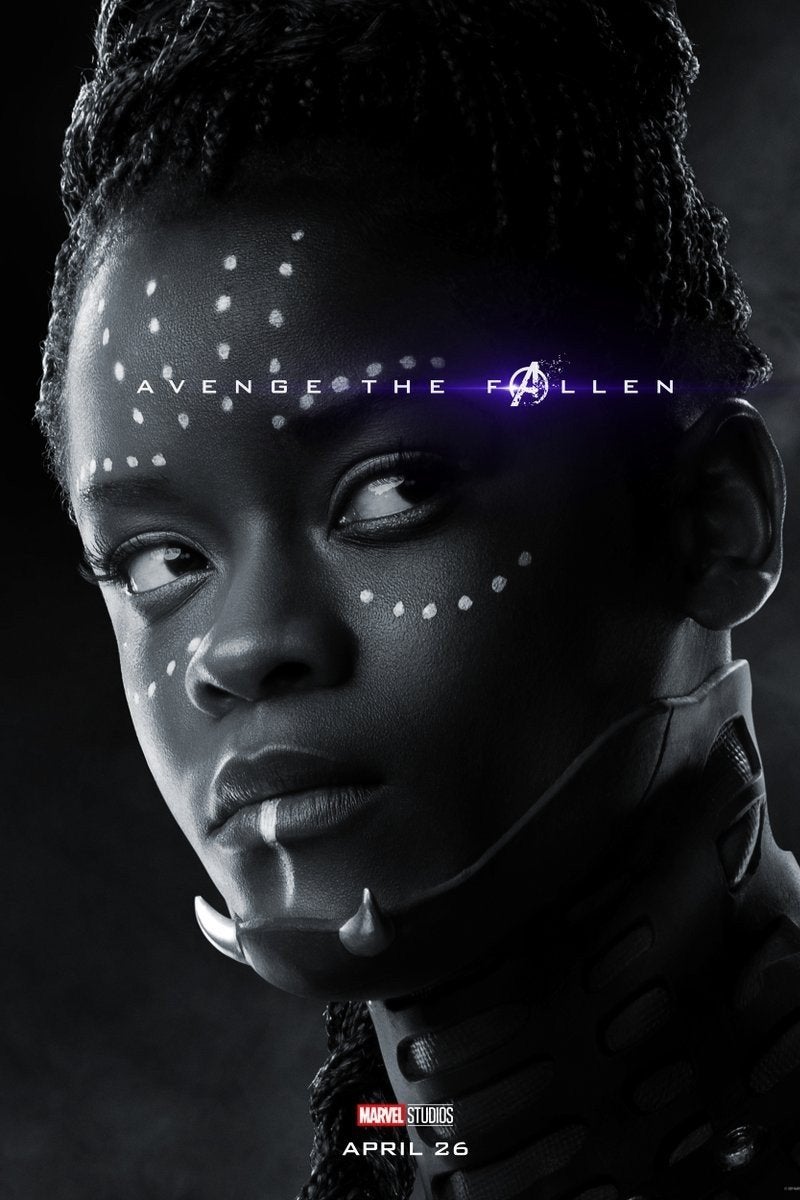 A black-and-white poster of Shuri with the phrase "Avenge the fallen."