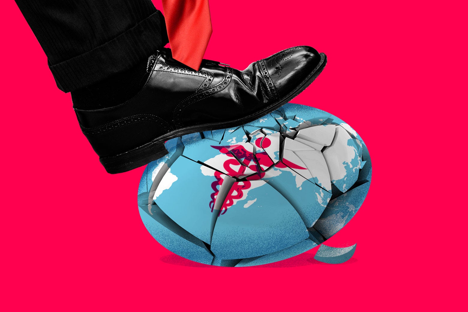 Illustration: A foot crushes a globe representing global health.