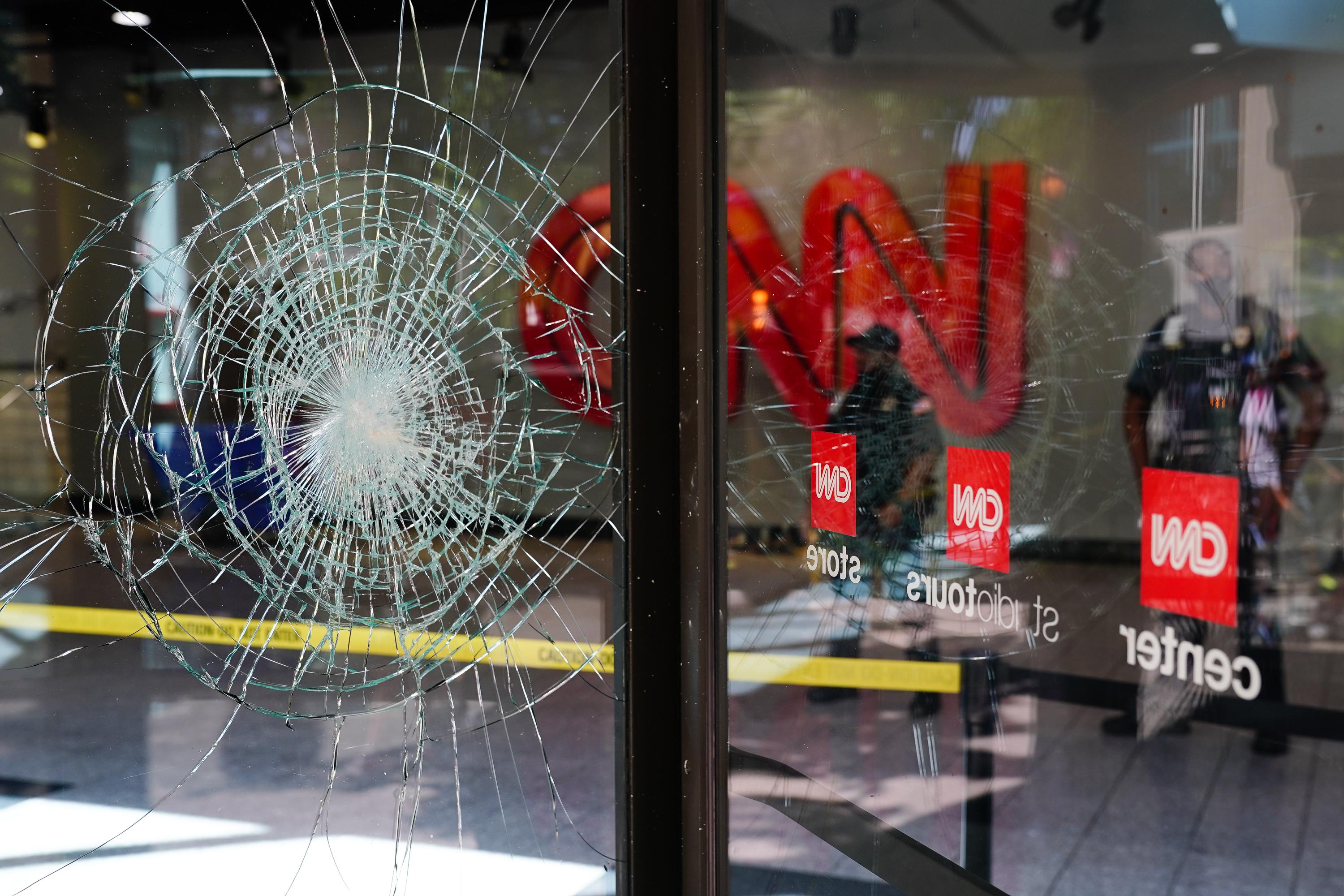 A crack in the glass door at CNN Center.