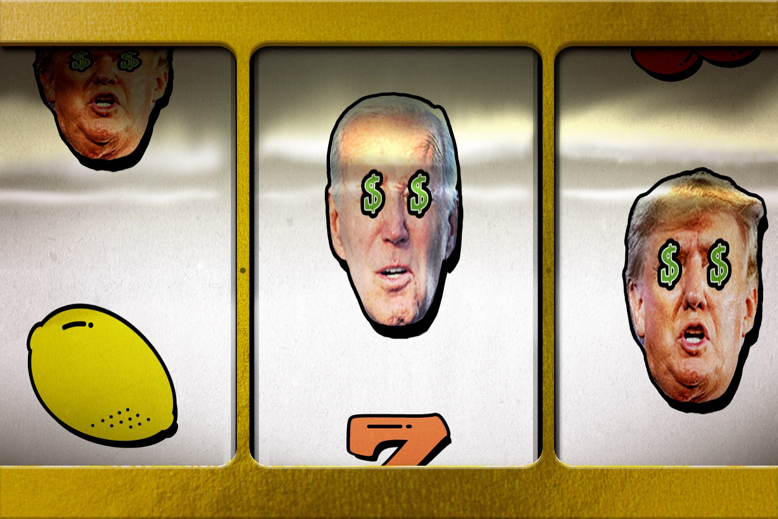 A slot machine with Trump and Biden heads.