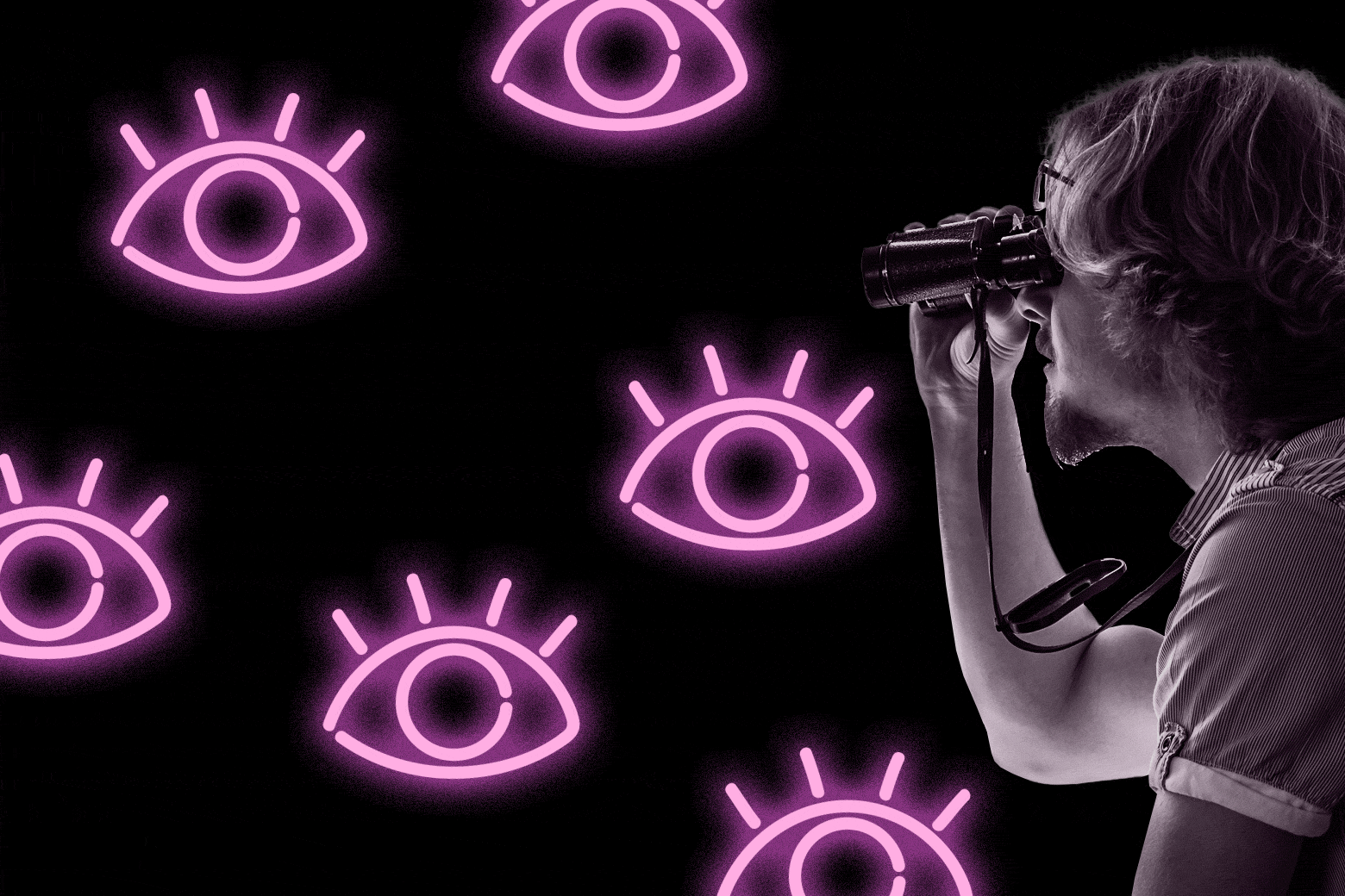 A man looks through binoculars; neon eyes float around him.