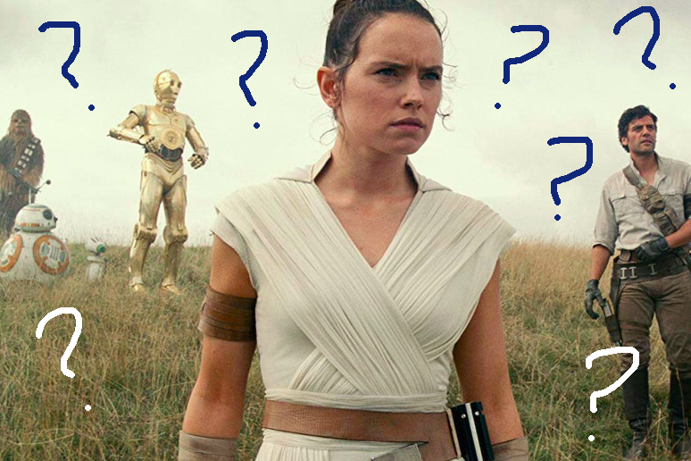 Daisy Ridley as Rey stands in a grassy field. In the background, Chewbacca, BB-8, and C-3PO stand together with a small droid resembling a hairdryer on a wheel. Oscar Isaac as Poe Dameron stands to her right. The sky and grass are dotted with crudely drawn question marks.