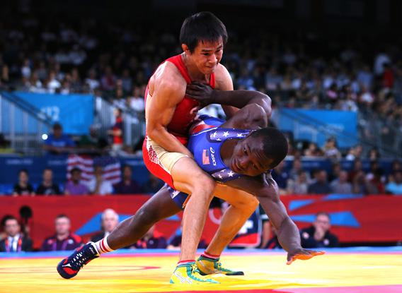 Mingiyan Semenov competes against Spenser Thomas Mango during the London 2012 Olympic Games. 