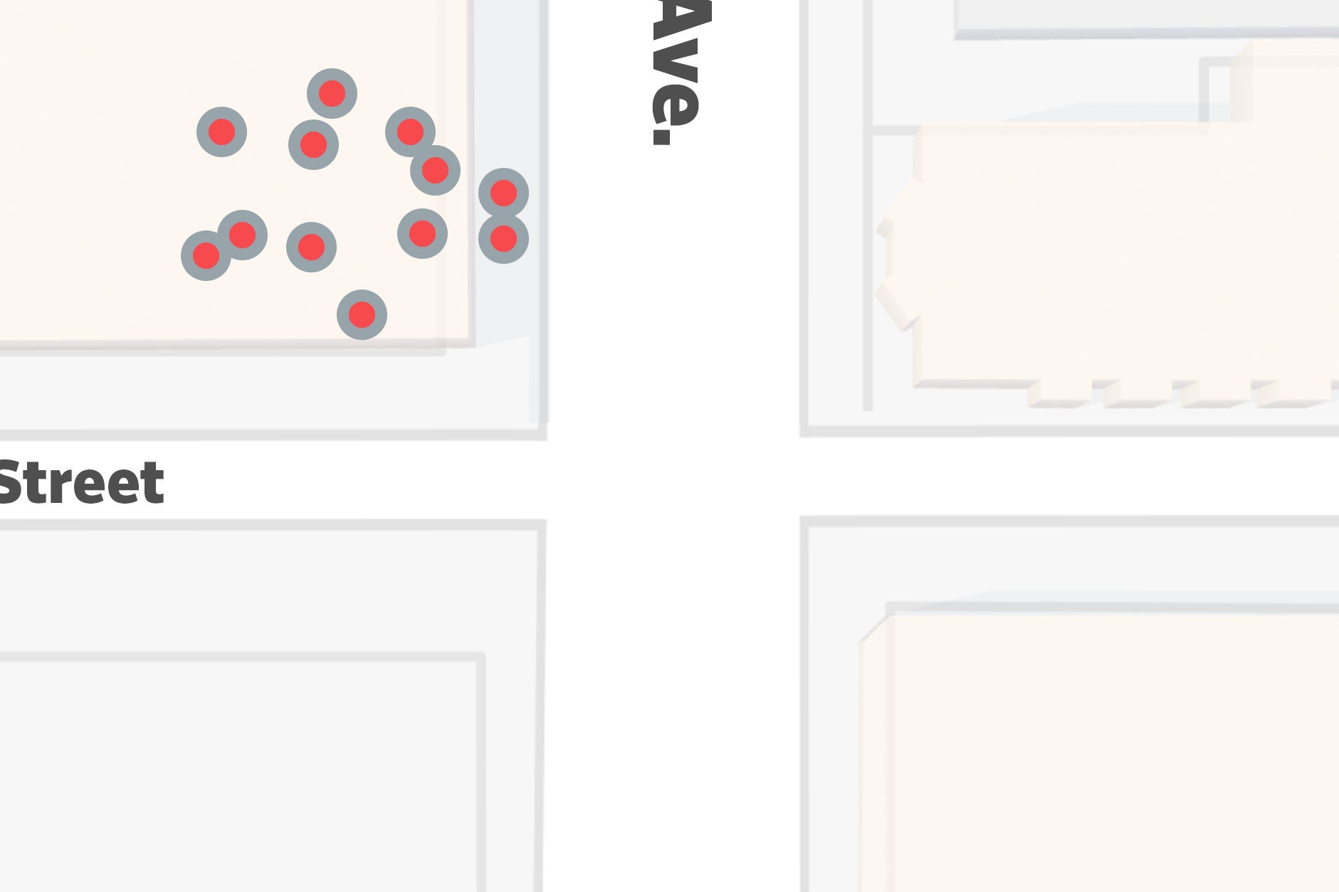 An image of a mocked-up Google Map with a bunch of dots piled on top of/next to each other.