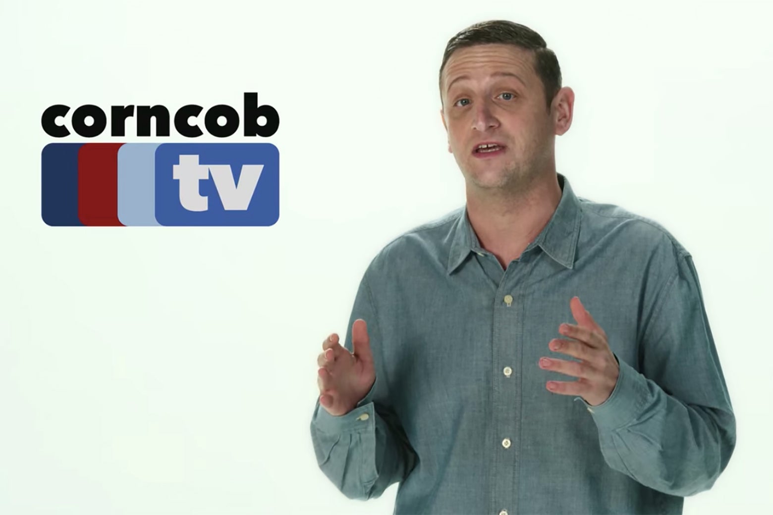 A man against a white background with a logo for Corncob TV.