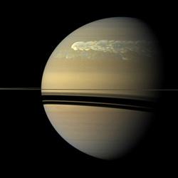 Full view of Saturn showing the storm