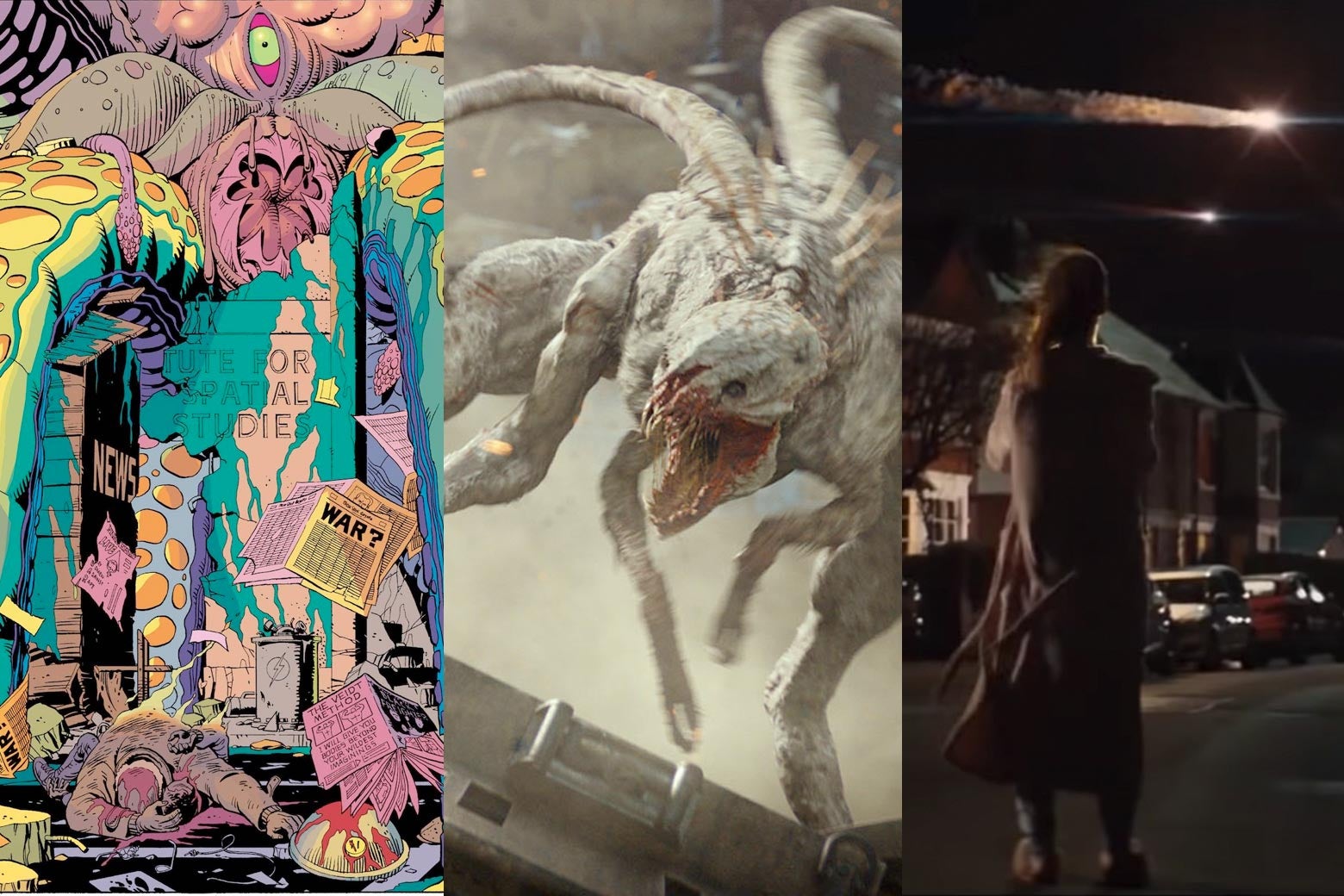 Side by side panels of the bloody squid from the Watchmen comic, the gigantic tentacled Tomorrow War alien baring its teeth, and a woman standing in a street watching two spacecraft blaze across the night sky in War of the Worlds.