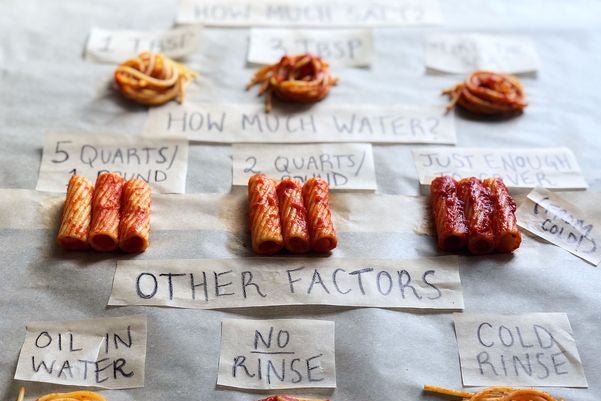 The labelled pasta portions, photographed from an angle.
