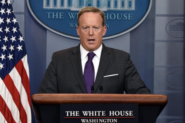 Then-White House Press Secretary Sean Spicer at the podium delivering the daily briefing at the White House on July 17, 2017 in Washington, DC.