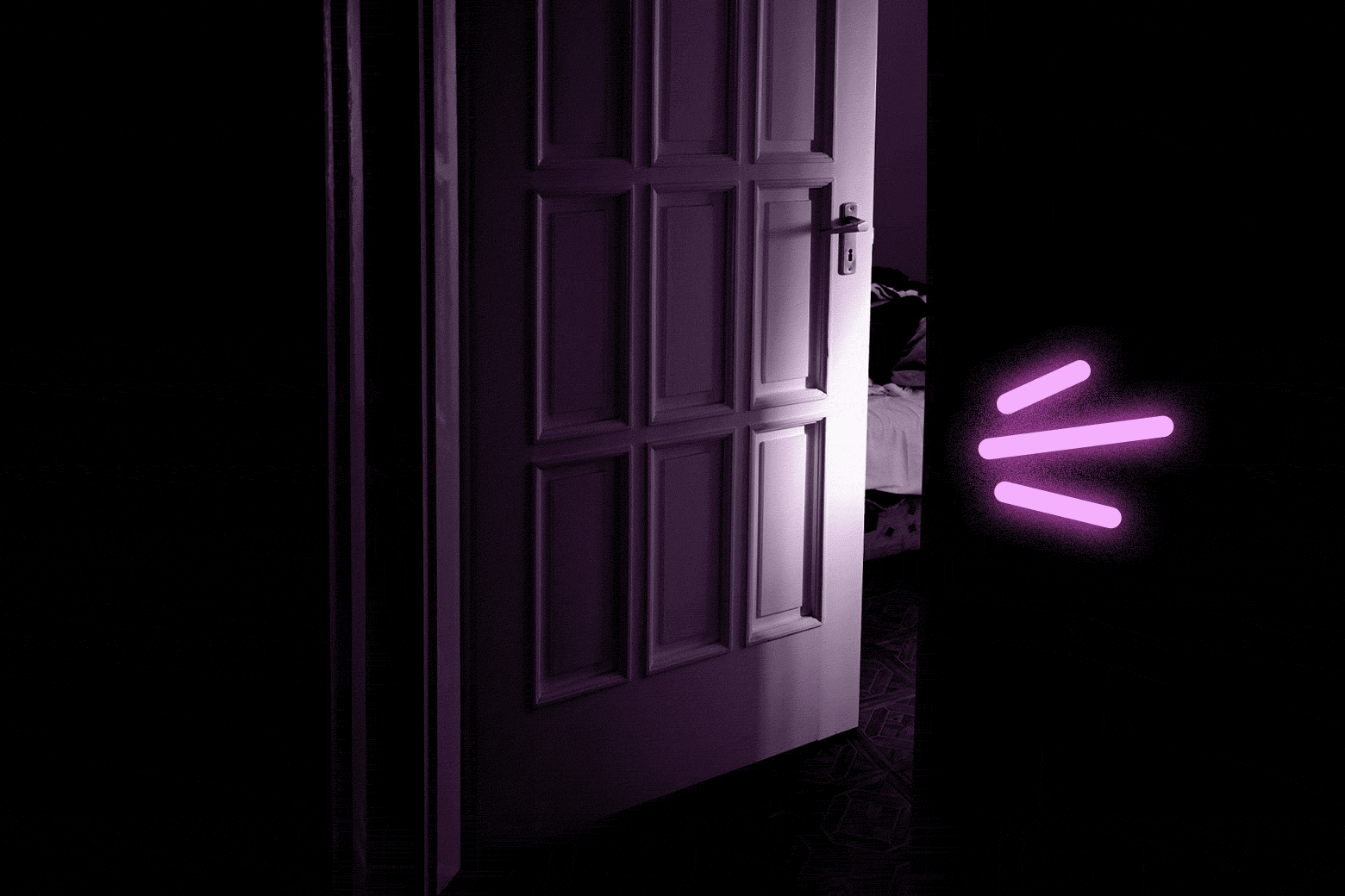 A door open a crack with neon lines indicating sound coming out.