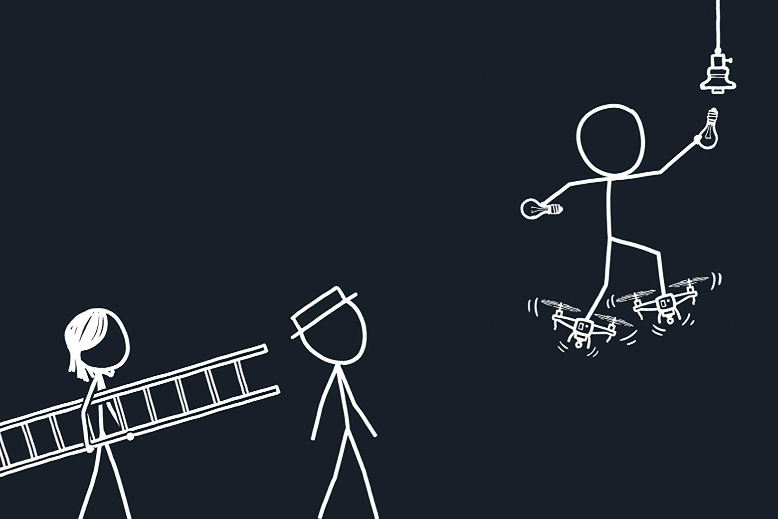 Cover: One female-looking stick figure carries a ladder while seemingly following a stick figure wearing a hat; a third stick figure stands on two drones while trying to replace a lightbulb.