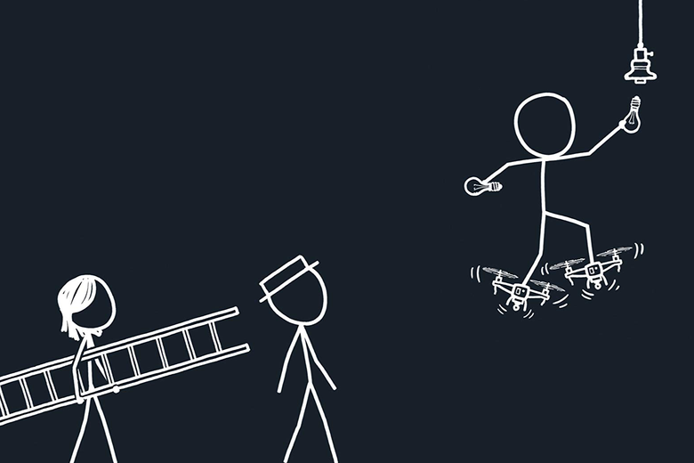 Cover: One female-looking stick figure carries a ladder while seemingly following a stick figure wearing a hat; a third stick figure stands on two drones while trying to replace a lightbulb.