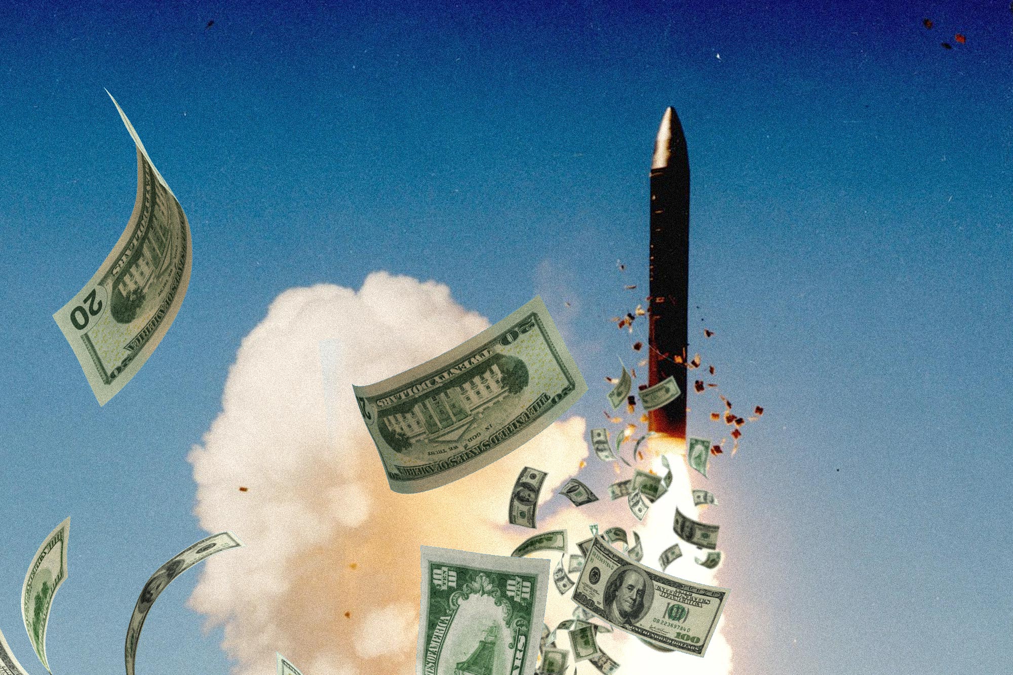 An illustration of a missile shooting into the sky with U.S. dollars flying away from it.