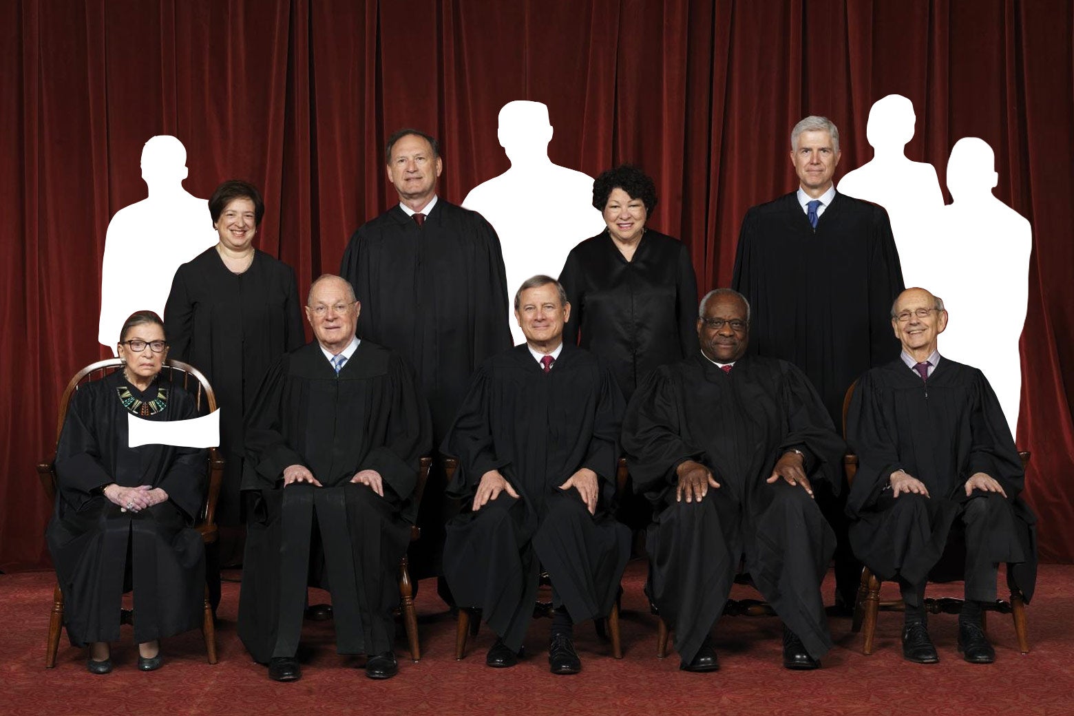 Supreme Court photo of sitting justices including Justice Anthony Kennedy, and four more cutouts.