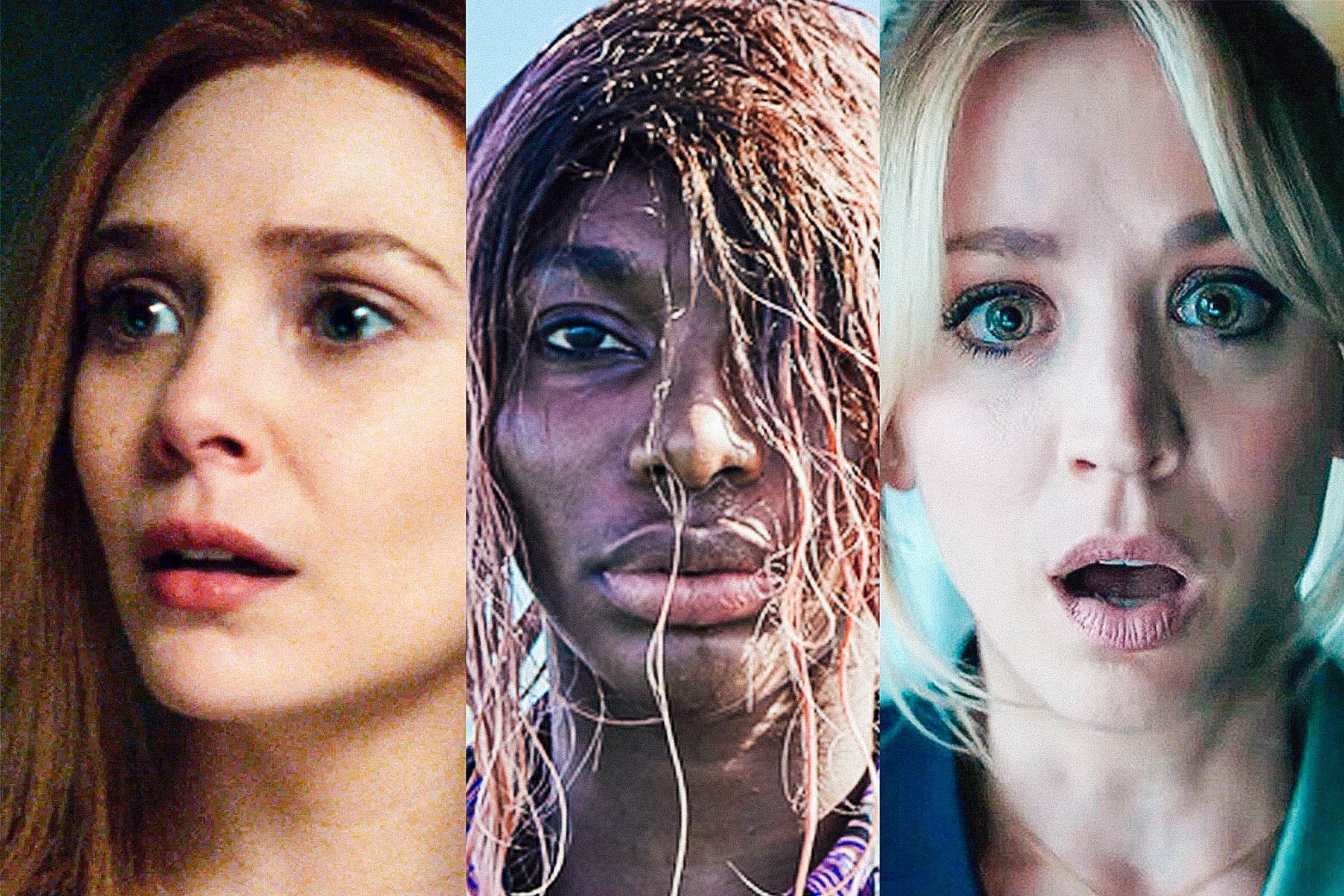 Triptych of Elizabeth Olsen, Michaela Coel, and Kaley Cuoco in their respective shows