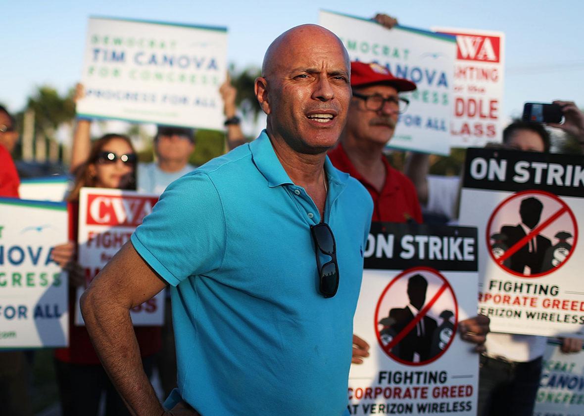 Tim Canova, Democrat Congressional Candidate for FL-23,  joins CWA members, other South Florida union members and community activists at a Verizon protest on May 25, 2016 in Pembroke Pines, Florida.  